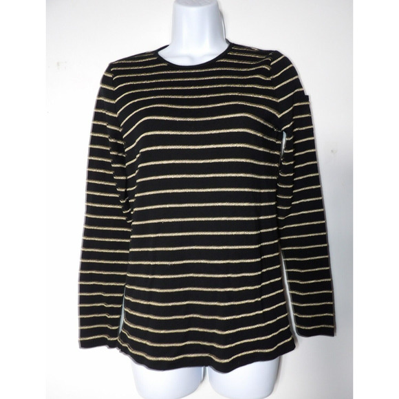 Lauren Ralph Lauren Womens Medium Shirt Tee Long Sleeve Black Gold Striped Basic - Picture 1 of 10